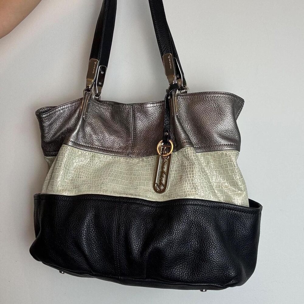 B. Makowsky vintage Y2K black, silver, and beige leather tote bag
